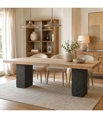 Mesa rectangular con tapa natural y patas efecto roca negra. Mdmhogar