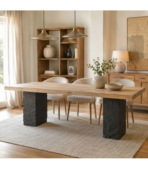 Mesa rectangular con tapa natural y patas efecto roca negra. Mdmhogar