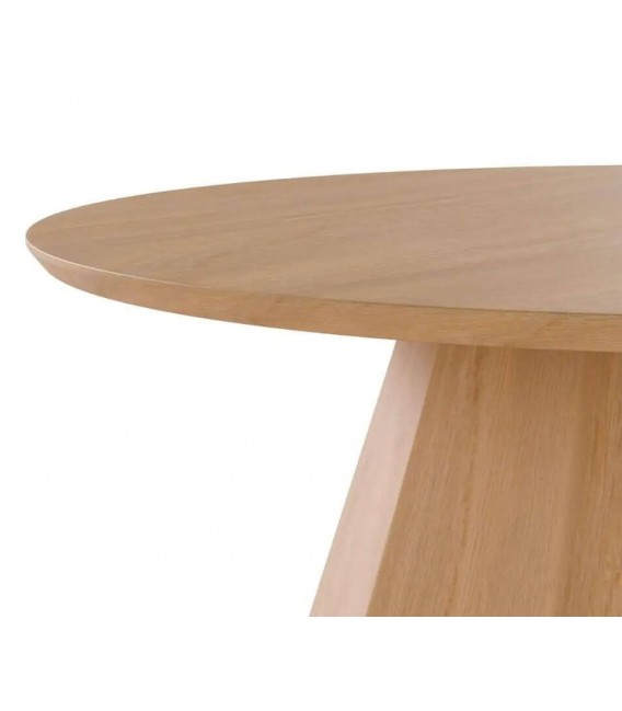 Mesa de centro redonda en roble natural con base geométrica. 2