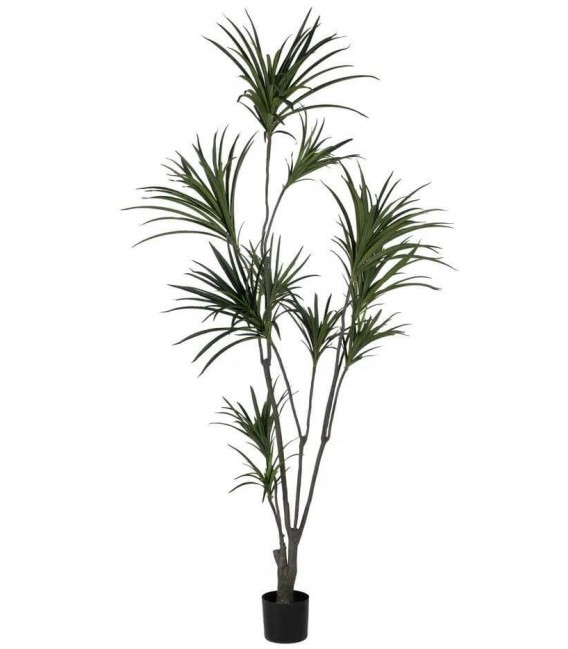 Planta artificial Drácena alta verde con macetero negro decorativo.