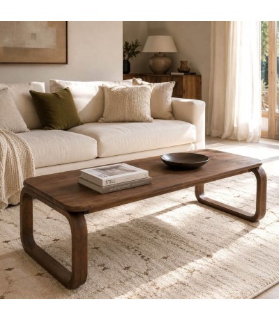Mesa de centro rectangular de madera maciza de mango color nogal. Mdmhogar