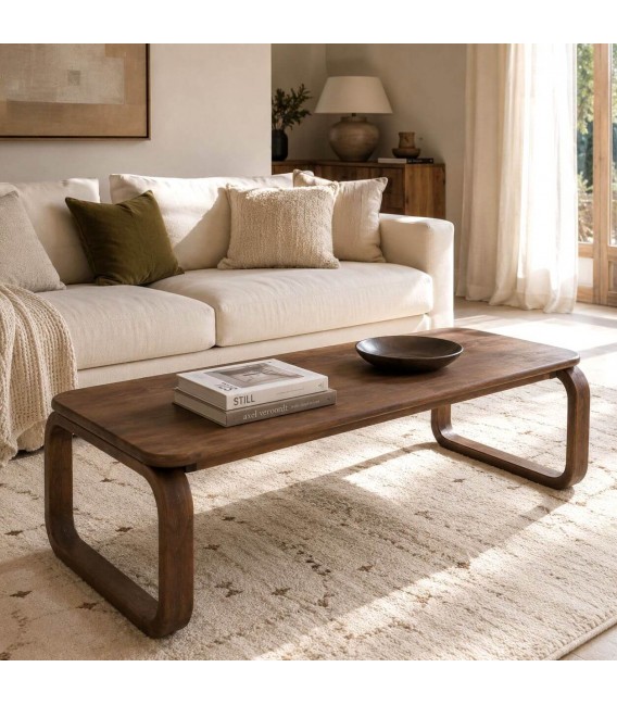 Mesa de centro rectangular de madera maciza de mango color nogal. Mdmhogar