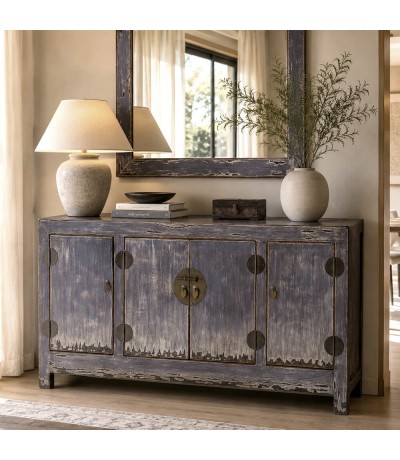 Aparador de madera de abeto decapada en morado de estilo oriental. Mdmhogar