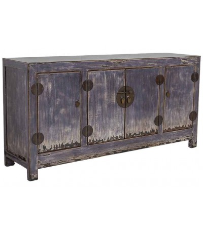 Aparador de madera de abeto decapada en morado de estilo oriental.