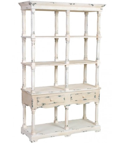 Estantería de madera maciza decapada en beige de estilo romántico.