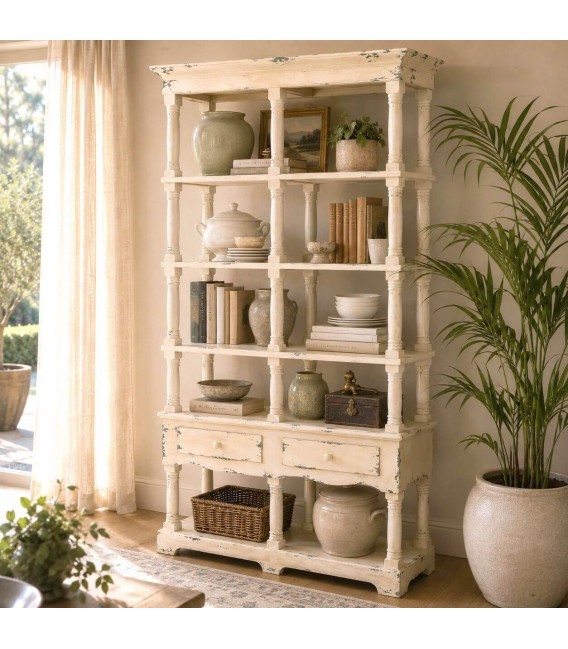 Estantería de madera maciza decapada en beige de estilo romántico. Mdmhogar