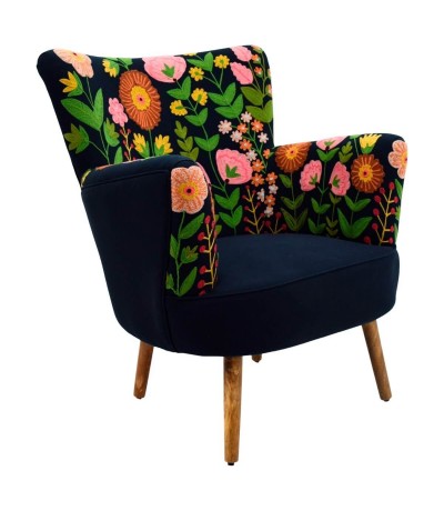 Butaca de algodón azul marino con flores bordadas de estilo chic.