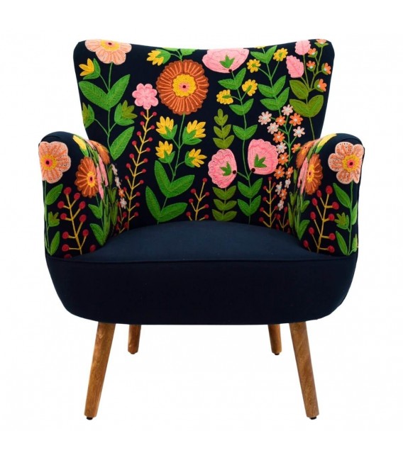 Butaca de algodón azul marino con flores bordadas de estilo chic. 1