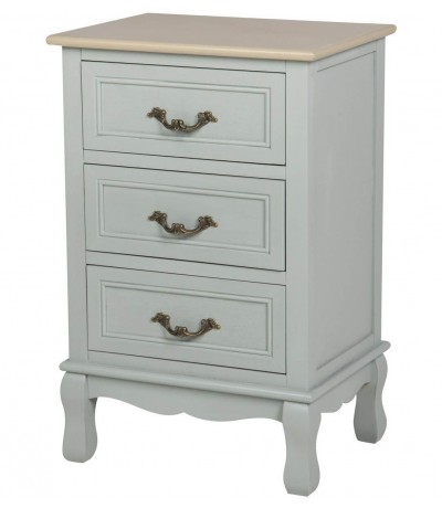 Mesita de pino en verde agua y madera natural de estilo romántico.