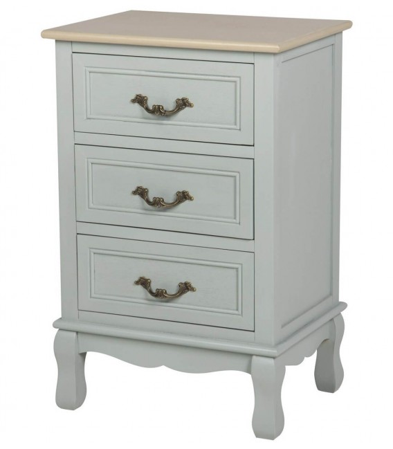 Mesita de pino en verde agua y madera natural de estilo romántico.