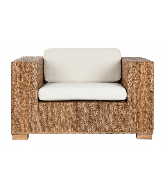 Butaca XL de fibra de teca natural y textil blanco estilo boho. 1