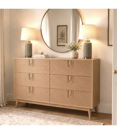Cómoda XL de madera de pino tallada natural de estilo art decó. Mdmhogar