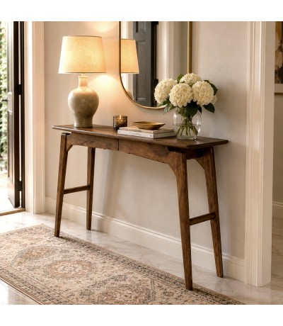 Consola de madera maciza de mango en nogal estilo contemporáneo. Mdmhogar