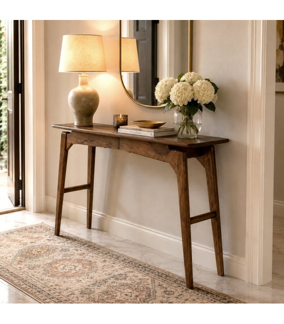 Consola de madera maciza de mango en nogal estilo contemporáneo. Mdmhogar