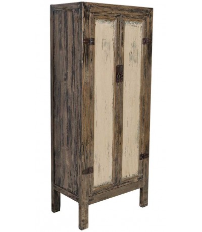 Armario de abeto decapado en marrón y beige de estilo oriental.