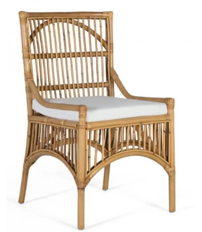 Set 2 sillas comedor bambú y ratán natural con cojín blanco