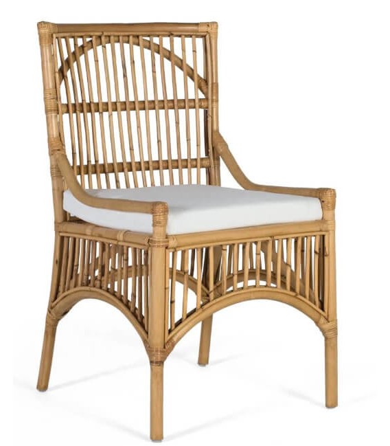Set 2 sillas comedor bambú y ratán natural con cojín blanco