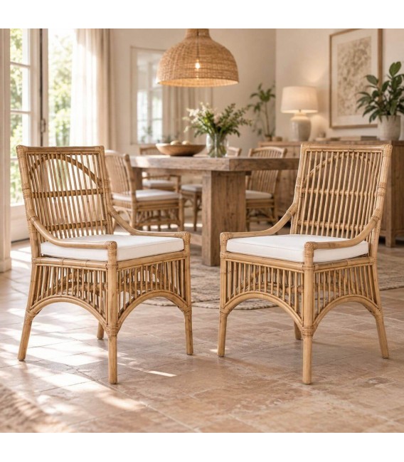 Set 2 sillas comedor bambú y ratán natural con cojín blanco Mdmhogar