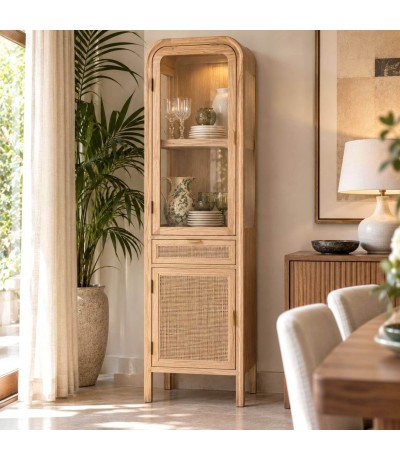 Vitrina pequeña madera natural y ratán con puertas y cajón Mdmhogar