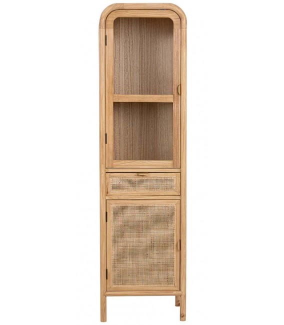 Vitrina pequeña madera natural y ratán con puertas y cajón 1