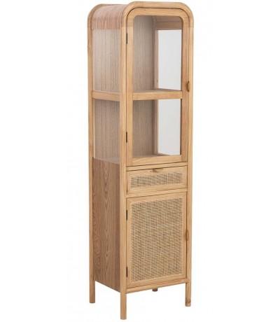 Vitrina pequeña madera natural y ratán con puertas y cajón