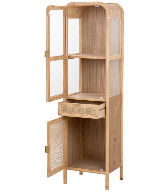 Vitrina pequeña madera natural y ratán con puertas y cajón 2