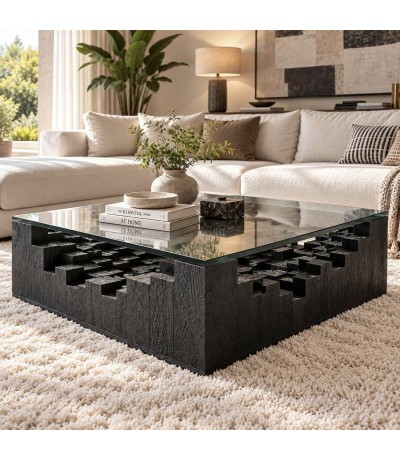 Mesa centro cuadrada XL madera mango negra y cristal transparente Mdmhogar