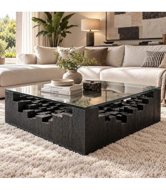 Mesa centro cuadrada XL madera mango negra y cristal transparente Mdmhogar