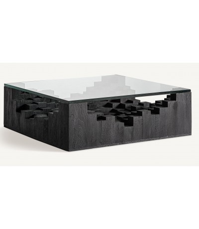 Mesa centro cuadrada XL madera mango negra y cristal transparente