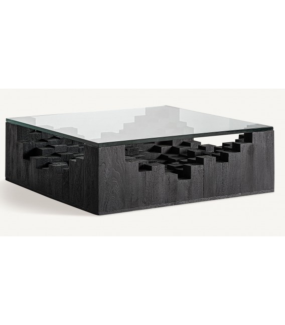 Mesa centro cuadrada XL madera mango negra y cristal transparente