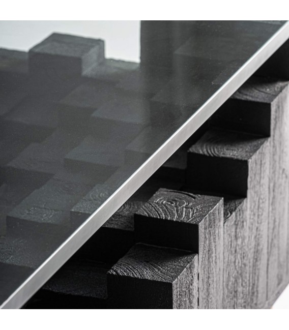 Mesa centro cuadrada XL madera mango negra y cristal transparente 3