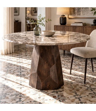 Mesa comedor redonda mármol beige y madera mango color nogal Mdmhogar