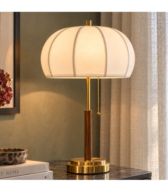 Lámpara sobremesa metal dorado madera cerezo y pantalla blanca Mdmhogar