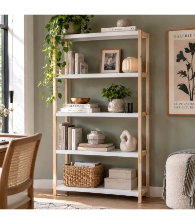 Estantería madera de pino natural y MDF blanco estilo nórdico Mdmhogar