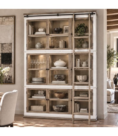 Vitrina XXL roble natural y blanca con escalera estilo colonial Mdmhogar