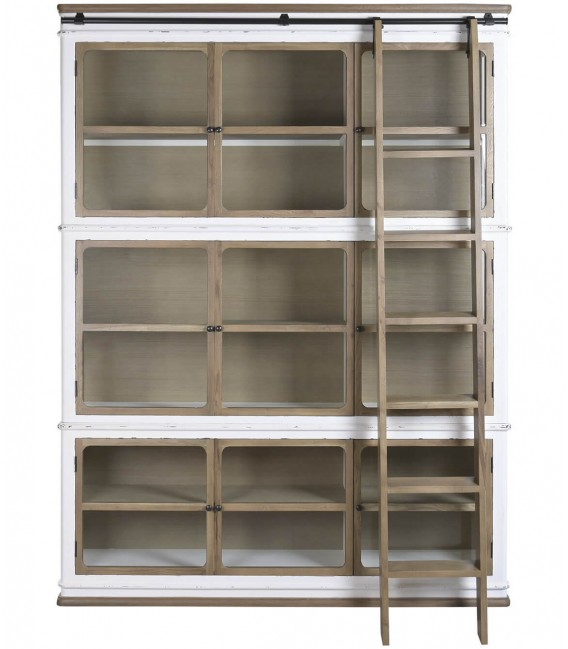 Vitrina XXL roble natural y blanca con escalera estilo colonial