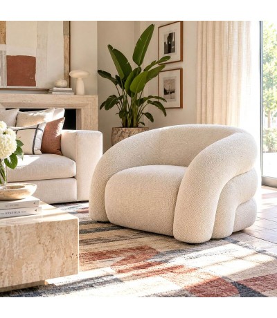 Butaca baja chenilla beige de diseño contemporáneo envolvente Mdmhogar
