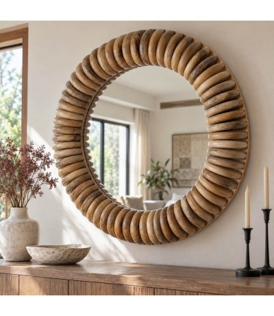 Espejo redondo de madera de mango natural estilo boho Mdmhogar