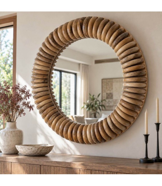 Espejo redondo de madera de mango natural estilo boho Mdmhogar