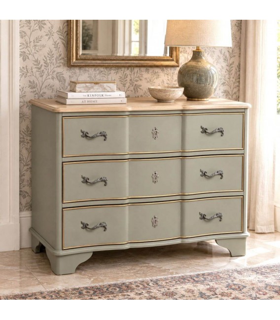 Cómoda 3 cajones madera verde con detalles dorados estilo clásico Mdmhogar