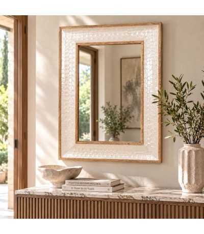Espejo rectangular madera mango con nácar blanco natural brillo Mdmhogar