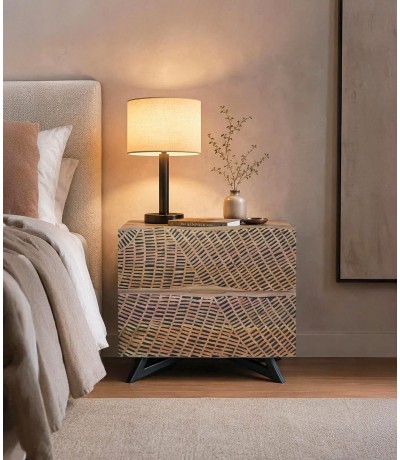Mesita de noche acacia tallada natural negra estilo étnico Mdmhogar