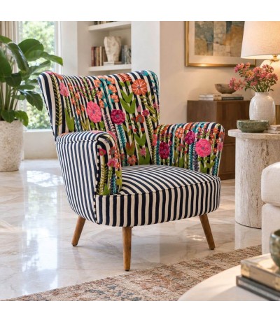 Butaca rayas azul y beige con flores bordadas estilo chic Mdmhogar