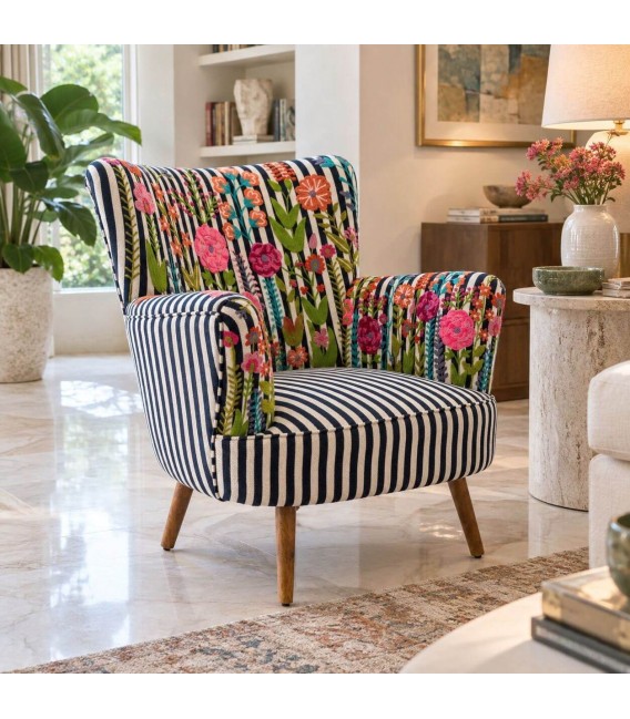 Butaca rayas azul y beige con flores bordadas estilo chic Mdmhogar