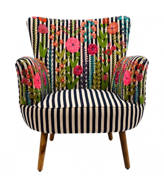 Butaca rayas azul y beige con flores bordadas estilo chic2