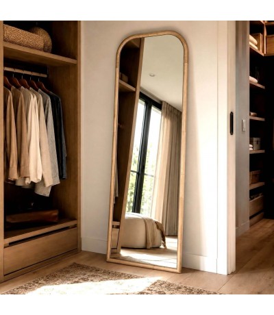 Espejo vestidor de madera natural estilo boho con marco arqueado Mdmhogar