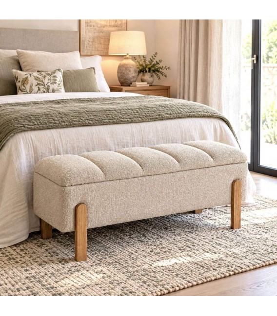Banco pie de cama baúl beige madera natural estilo nórdico Mdmhogar