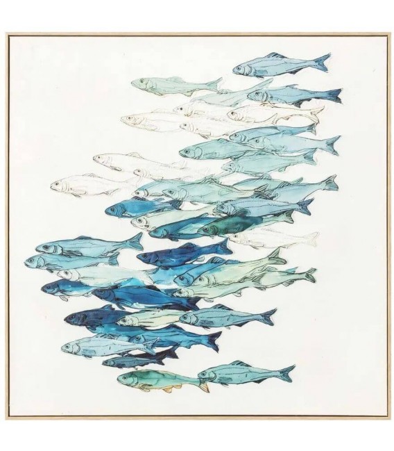 Cuadro cuadrado peces azules marco natural estilo marino