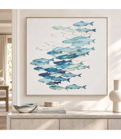 Cuadro cuadrado peces azules marco natural estilo marino Mdmhogar