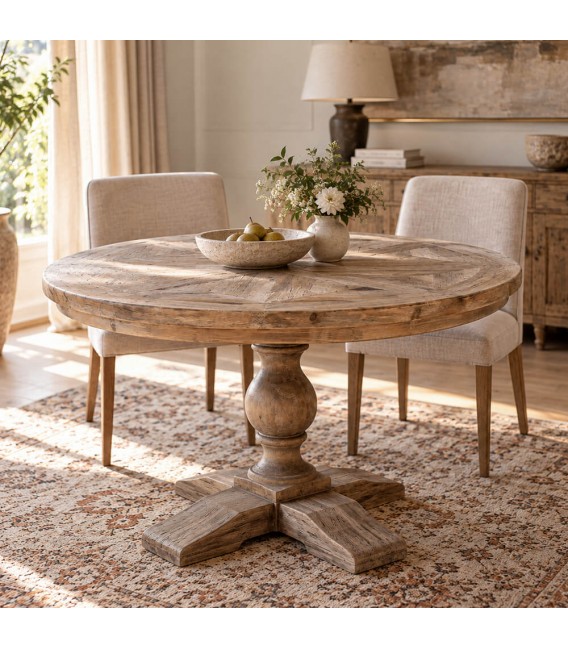 Mesa comedor redonda pino reciclado natural estilo rústico Mdmhogar